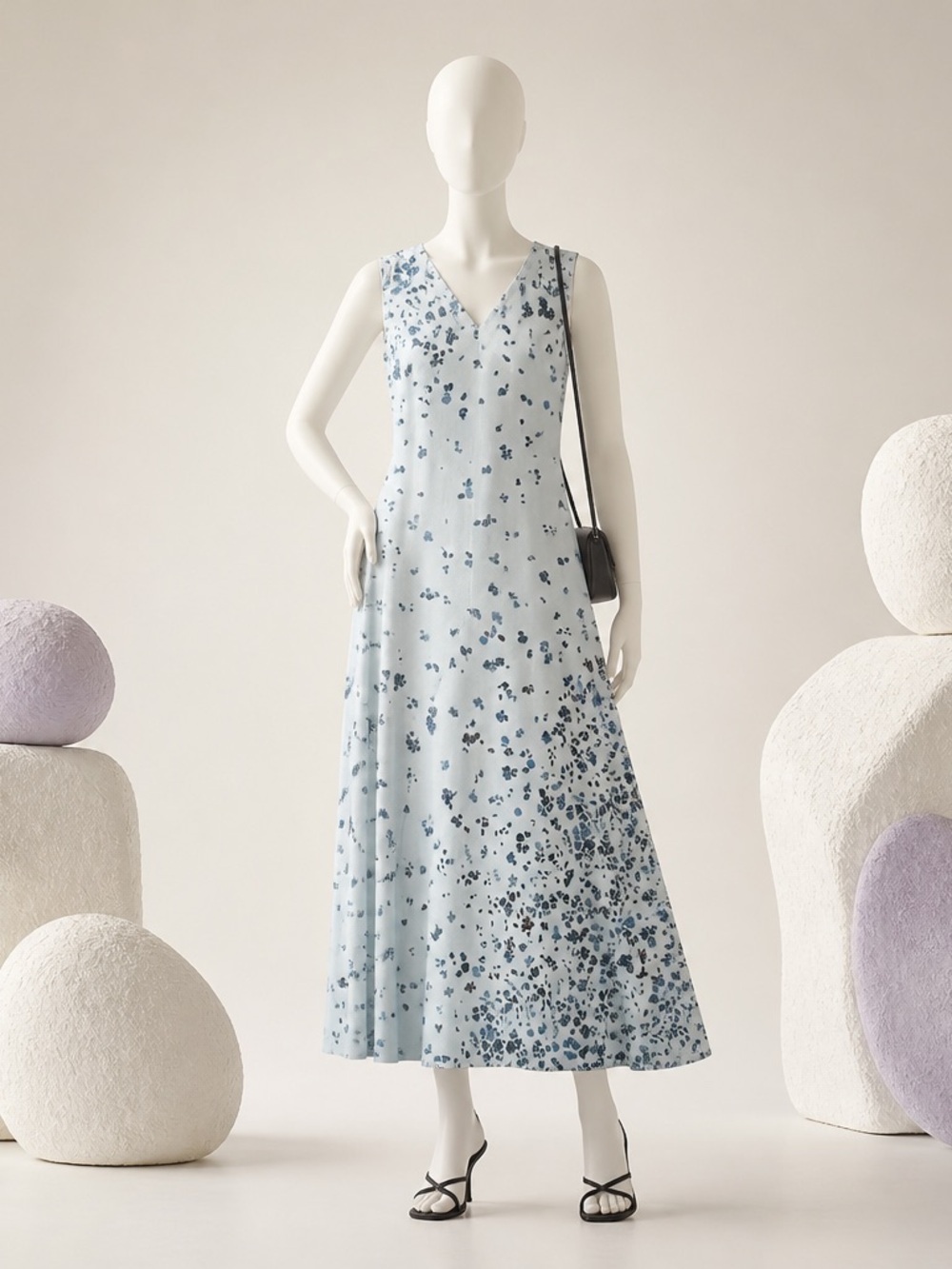 Vince Size Large Light Blue Floral V-Neck Midi  Dress
